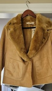 Women's Chico's Shearling LS Leather/outerwear Camel jacket with fur